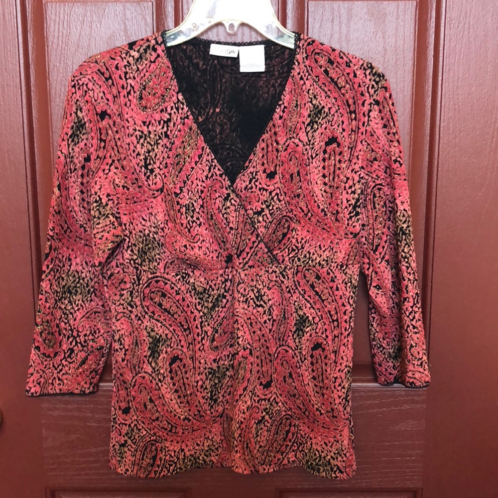 East 5th coral/black/gold dress blouse/top.